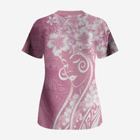 Polynesian Women's Day Scrub Top Pink Hibiscus Flowers With Polynesian Pattern