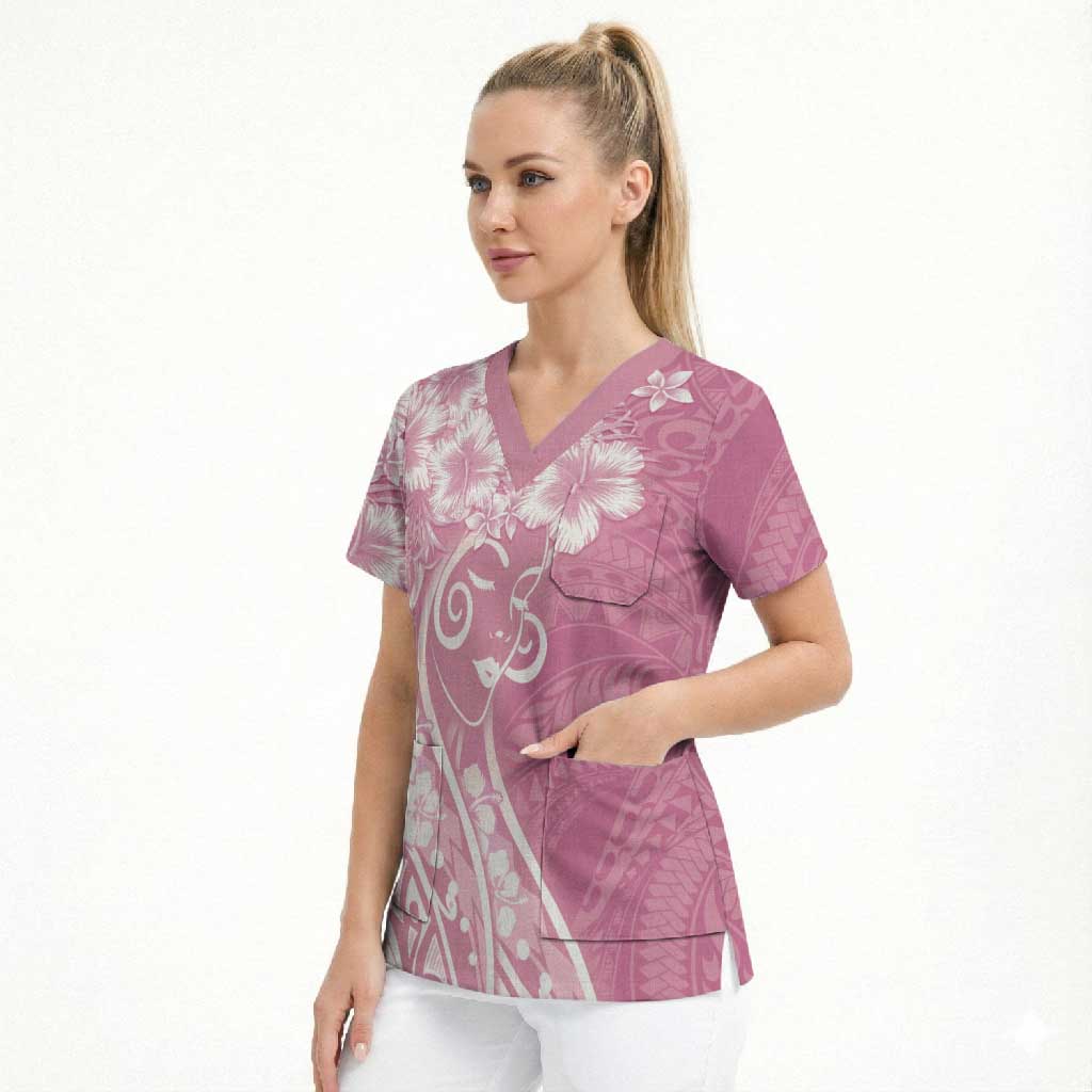 Polynesian Women's Day Scrub Top Pink Hibiscus Flowers With Polynesian Pattern