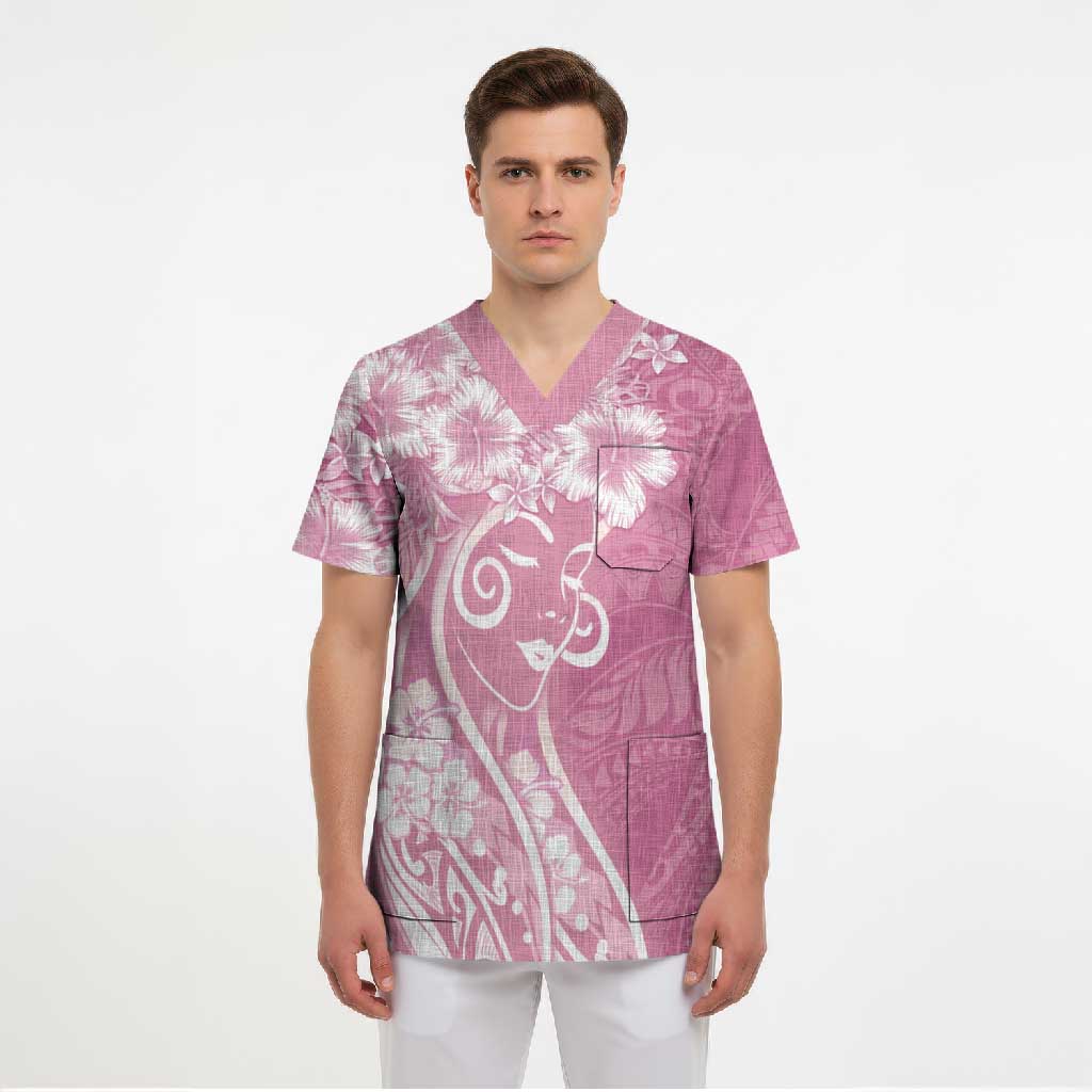Polynesian Women's Day Scrub Top Pink Hibiscus Flowers With Polynesian Pattern