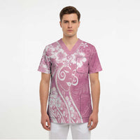 Polynesian Women's Day Scrub Top Pink Hibiscus Flowers With Polynesian Pattern