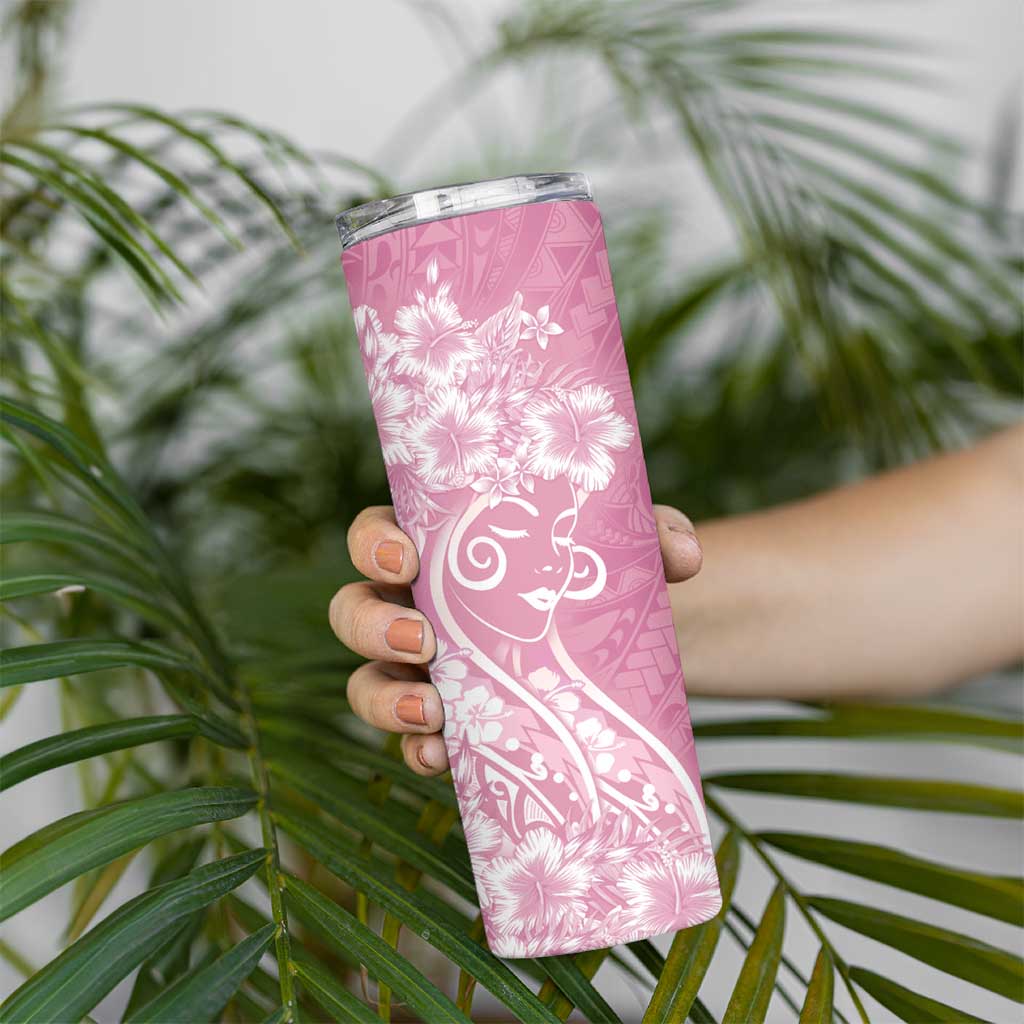 Polynesian Women's Day Skinny Tumbler Pink Hibiscus Flowers With Polynesian Pattern