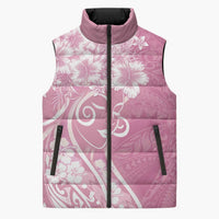 Polynesian Women's Day Sleeveless Puffer Jacket Pink Hibiscus Flowers With Polynesian Pattern