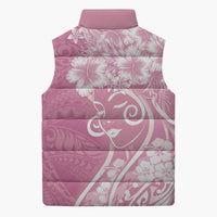 Polynesian Women's Day Sleeveless Puffer Jacket Pink Hibiscus Flowers With Polynesian Pattern