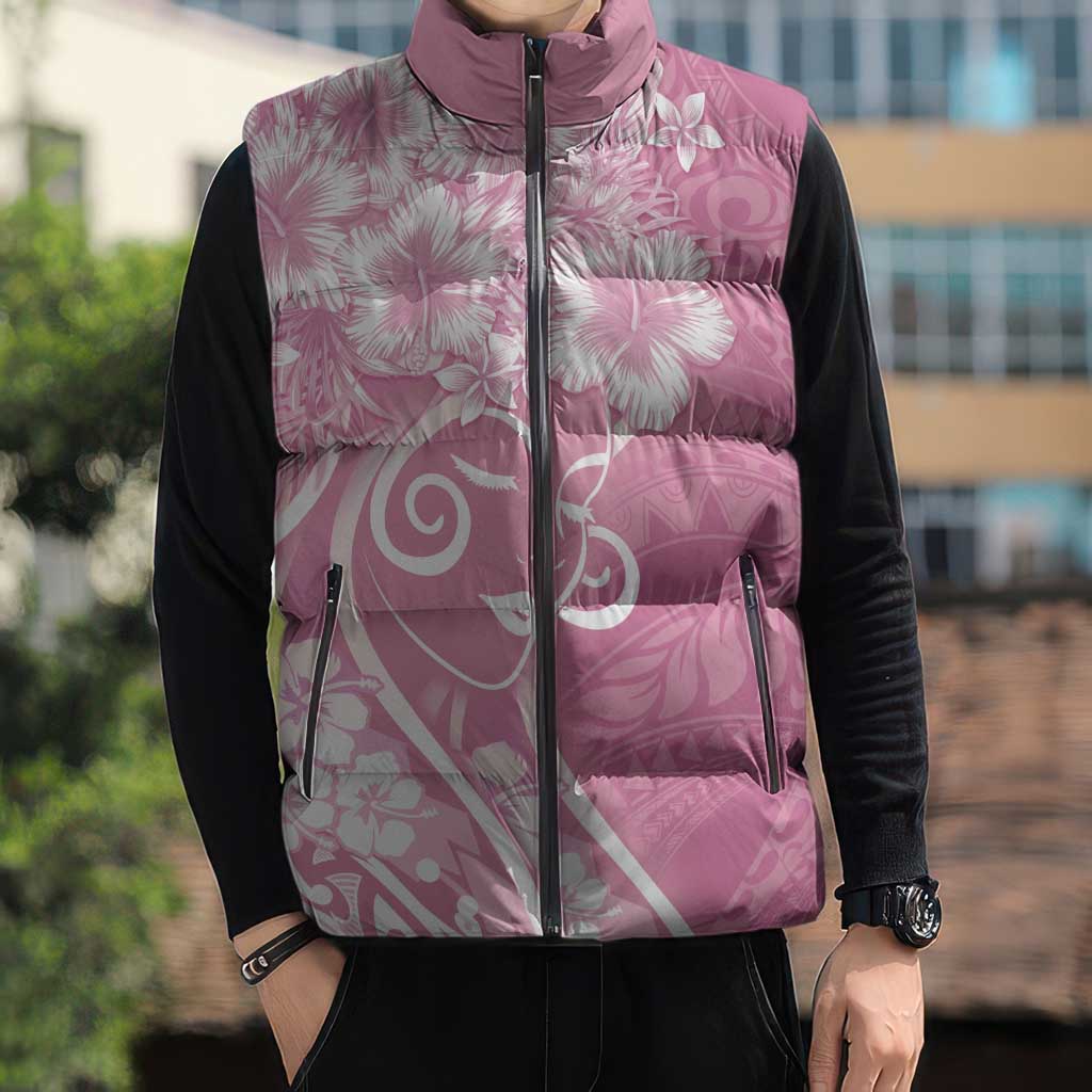 Polynesian Women's Day Sleeveless Puffer Jacket Pink Hibiscus Flowers With Polynesian Pattern