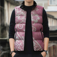Polynesian Women's Day Sleeveless Puffer Jacket Pink Hibiscus Flowers With Polynesian Pattern