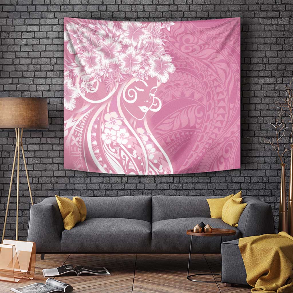 Polynesian Women's Day Tapestry Pink Hibiscus Flowers With Polynesian Pattern