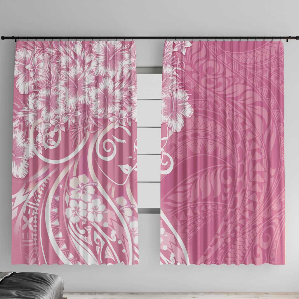 Polynesian Women's Day Window Curtain Pink Hibiscus Flowers With Polynesian Pattern