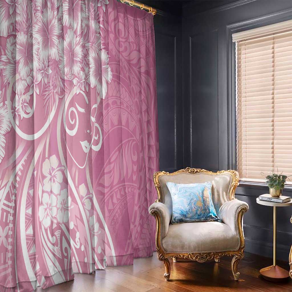 Polynesian Women's Day Window Curtain Pink Hibiscus Flowers With Polynesian Pattern