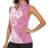 Polynesian Women's Day Women Sleeveless Polo Shirt Pink Hibiscus Flowers With Polynesian Pattern