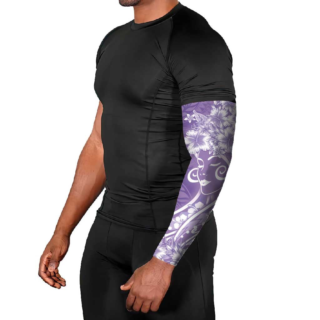 Polynesian Women's Day Arm Sleeves Purple Hibiscus Flowers With Polynesian Pattern