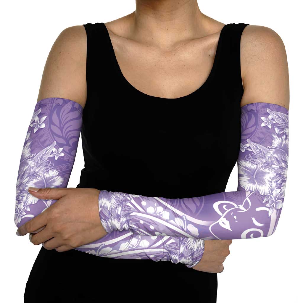 Polynesian Women's Day Arm Sleeves Purple Hibiscus Flowers With Polynesian Pattern