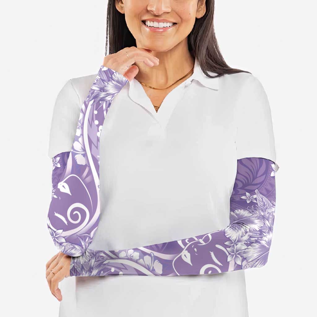 Polynesian Women's Day Arm Sleeves Purple Hibiscus Flowers With Polynesian Pattern