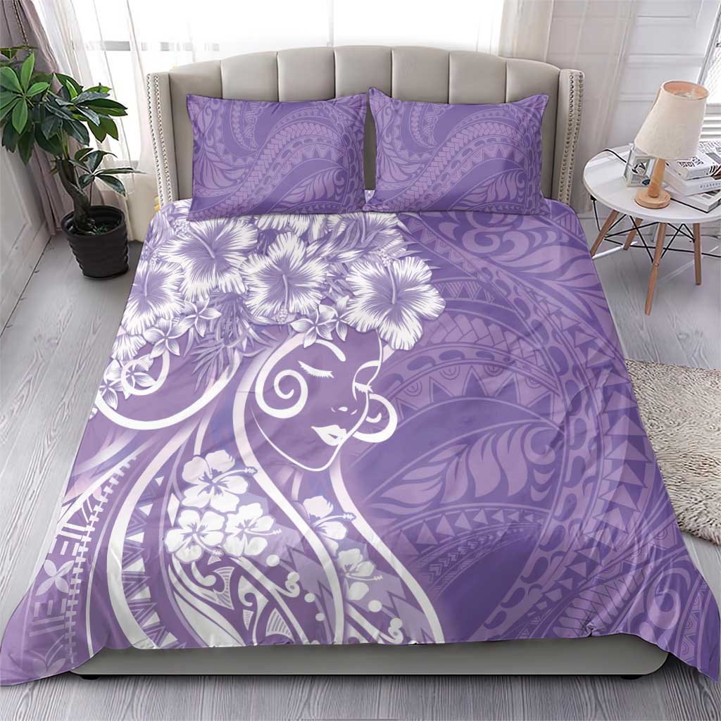 Polynesian Women's Day Bedding Set Purple Hibiscus Flowers With Polynesian Pattern