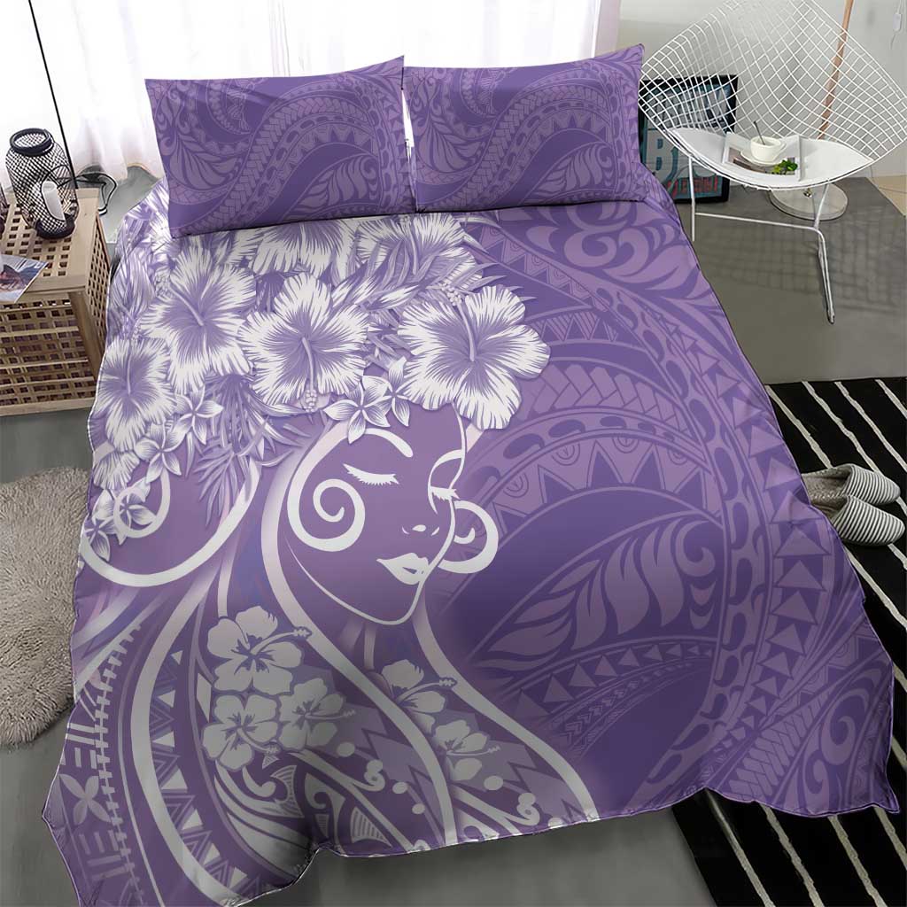 Polynesian Women's Day Bedding Set Purple Hibiscus Flowers With Polynesian Pattern