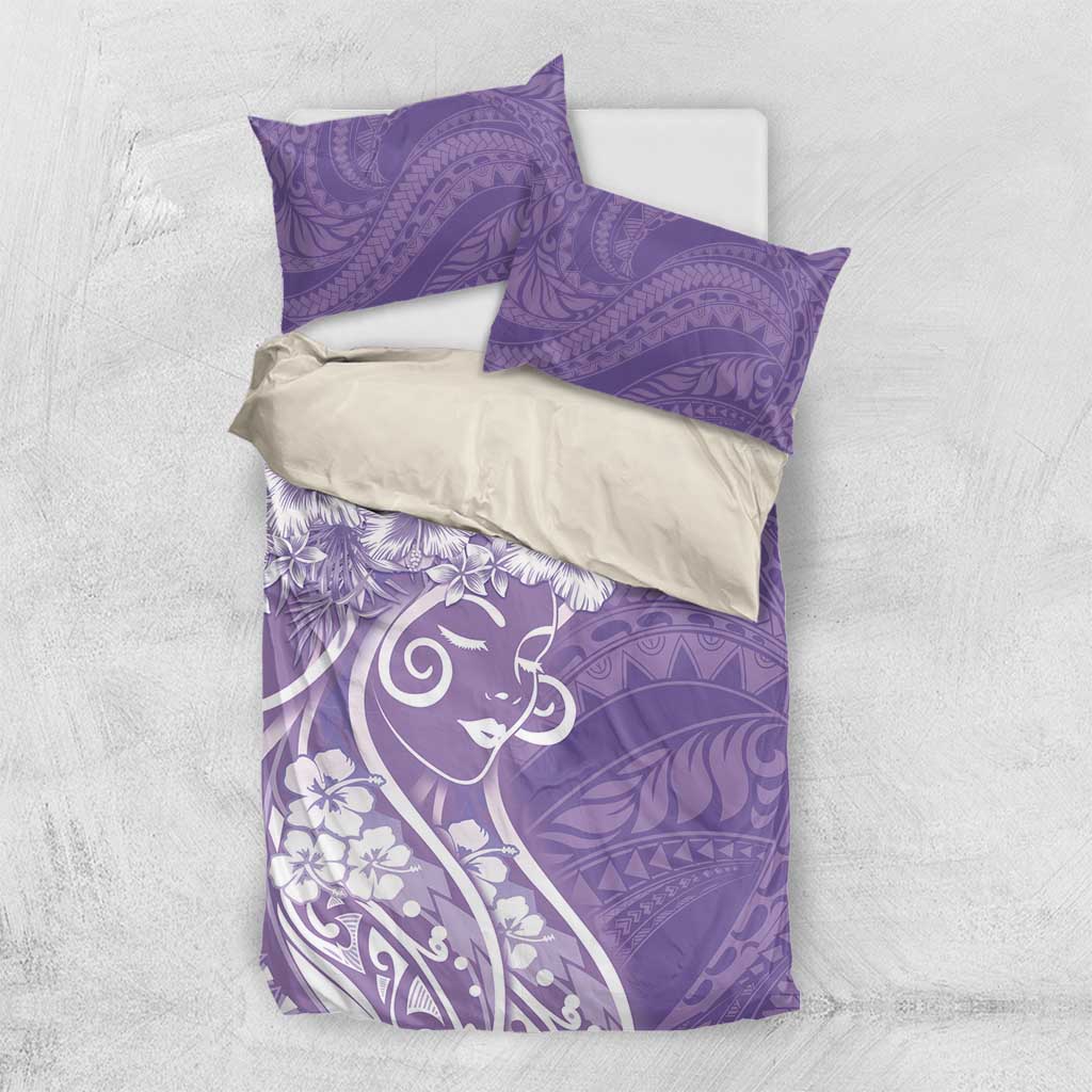 Polynesian Women's Day Bedding Set Purple Hibiscus Flowers With Polynesian Pattern