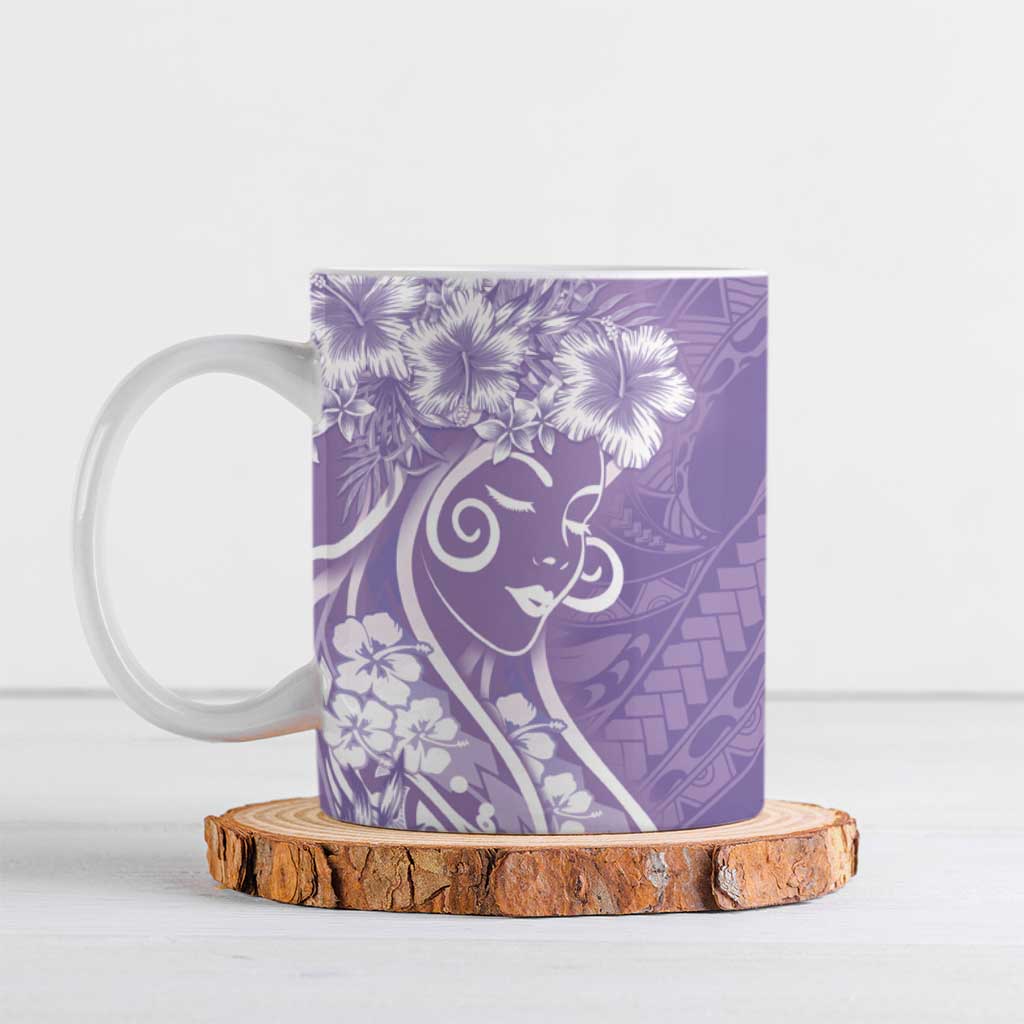 Polynesian Women's Day Ceramic Mug Purple Hibiscus Flowers With Polynesian Pattern