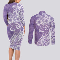 Polynesian Women's Day Couples Matching Long Sleeve Bodycon Dress and Long Sleeve Button Shirt Purple Hibiscus Flowers With Polynesian Pattern