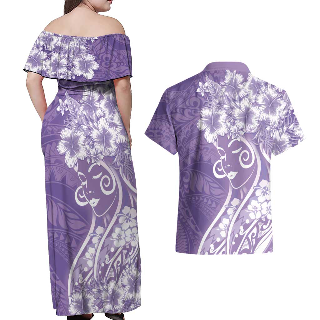 Polynesian Women's Day Couples Matching Off Shoulder Maxi Dress and Hawaiian Shirt Purple Hibiscus Flowers With Polynesian Pattern LT05 - Polynesian Pride