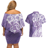 Polynesian Women's Day Couples Matching Off Shoulder Short Dress and Hawaiian Shirt Purple Hibiscus Flowers With Polynesian Pattern LT05 - Polynesian Pride