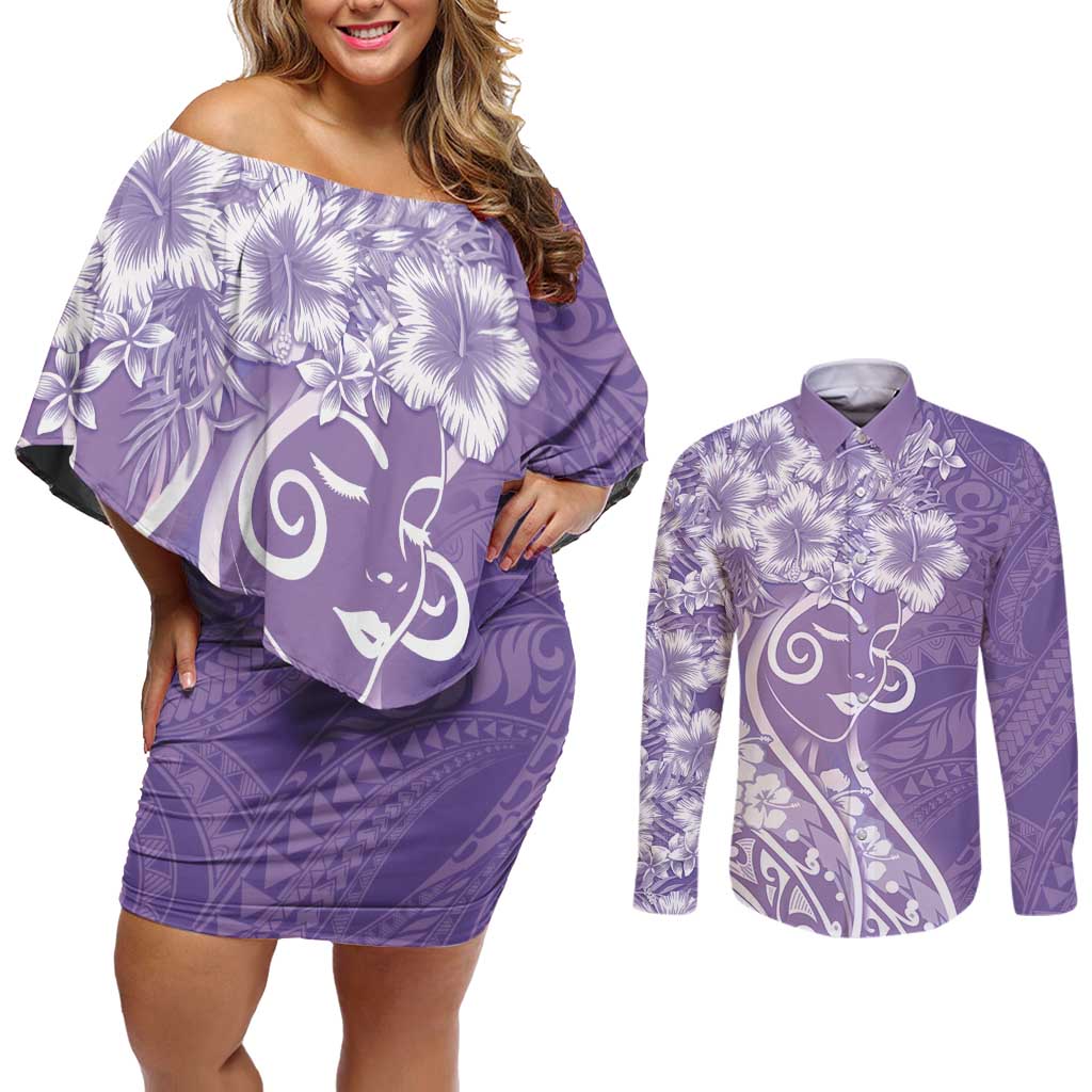 Polynesian Women's Day Couples Matching Off Shoulder Short Dress and Long Sleeve Button Shirt Purple Hibiscus Flowers With Polynesian Pattern LT05 Purple - Polynesian Pride