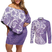 Polynesian Women's Day Couples Matching Off Shoulder Short Dress and Long Sleeve Button Shirt Purple Hibiscus Flowers With Polynesian Pattern LT05 Purple - Polynesian Pride