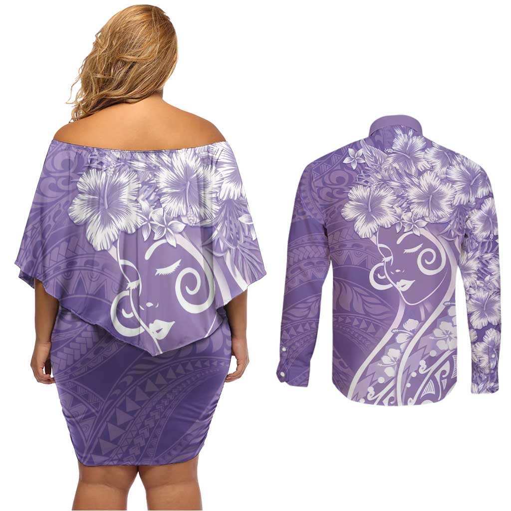 Polynesian Women's Day Couples Matching Off Shoulder Short Dress and Long Sleeve Button Shirt Purple Hibiscus Flowers With Polynesian Pattern LT05 - Polynesian Pride
