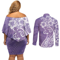 Polynesian Women's Day Couples Matching Off Shoulder Short Dress and Long Sleeve Button Shirt Purple Hibiscus Flowers With Polynesian Pattern LT05 - Polynesian Pride