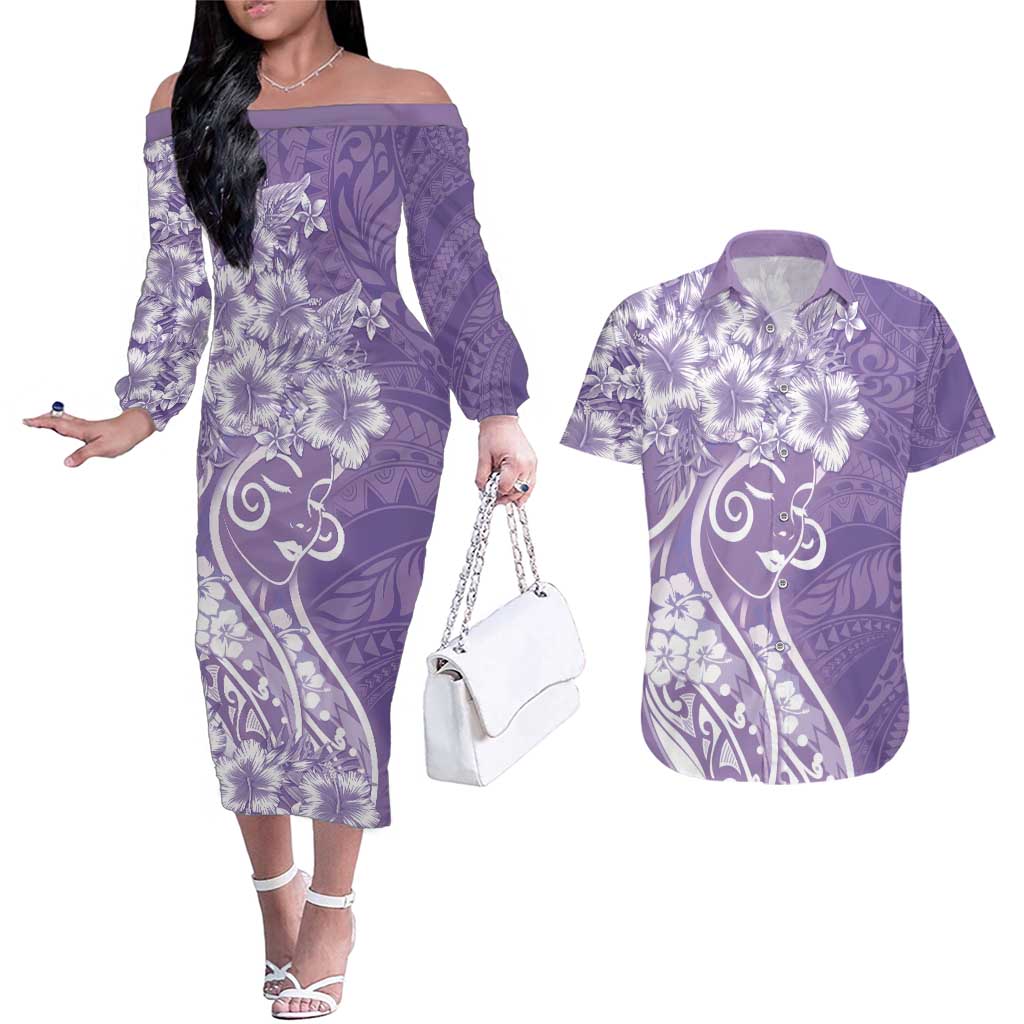 Polynesian Women's Day Couples Matching Off The Shoulder Long Sleeve Dress and Hawaiian Shirt Purple Hibiscus Flowers With Polynesian Pattern LT05 Purple - Polynesian Pride