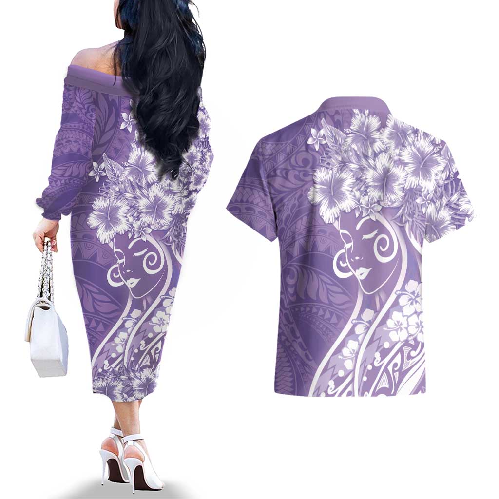 Polynesian Women's Day Couples Matching Off The Shoulder Long Sleeve Dress and Hawaiian Shirt Purple Hibiscus Flowers With Polynesian Pattern LT05 - Polynesian Pride