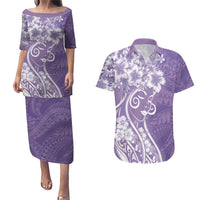 Polynesian Women's Day Couples Matching Puletasi and Hawaiian Shirt Purple Hibiscus Flowers With Polynesian Pattern