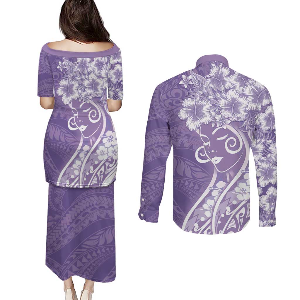 Polynesian Women's Day Couples Matching Puletasi and Long Sleeve Button Shirt Purple Hibiscus Flowers With Polynesian Pattern