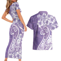 Polynesian Women's Day Couples Matching Short Sleeve Bodycon Dress and Hawaiian Shirt Purple Hibiscus Flowers With Polynesian Pattern LT05 - Polynesian Pride