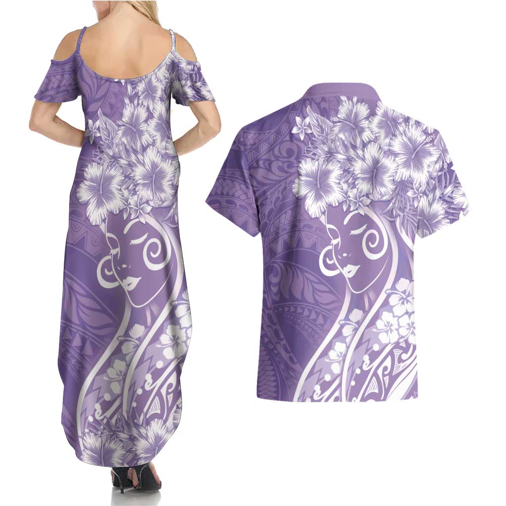 Polynesian Women's Day Couples Matching Summer Maxi Dress and Hawaiian Shirt Purple Hibiscus Flowers With Polynesian Pattern