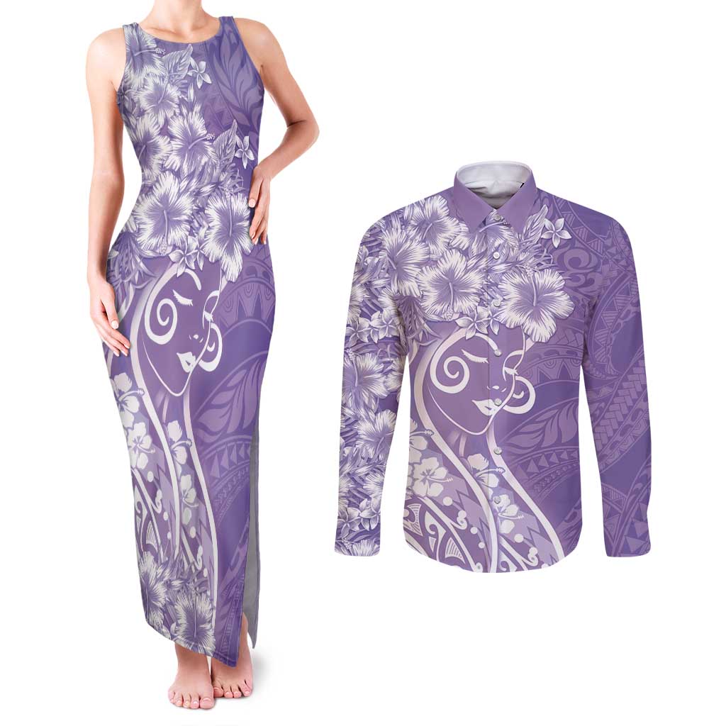 Polynesian Women's Day Couples Matching Tank Maxi Dress and Long Sleeve Button Shirt Purple Hibiscus Flowers With Polynesian Pattern LT05 Purple - Polynesian Pride