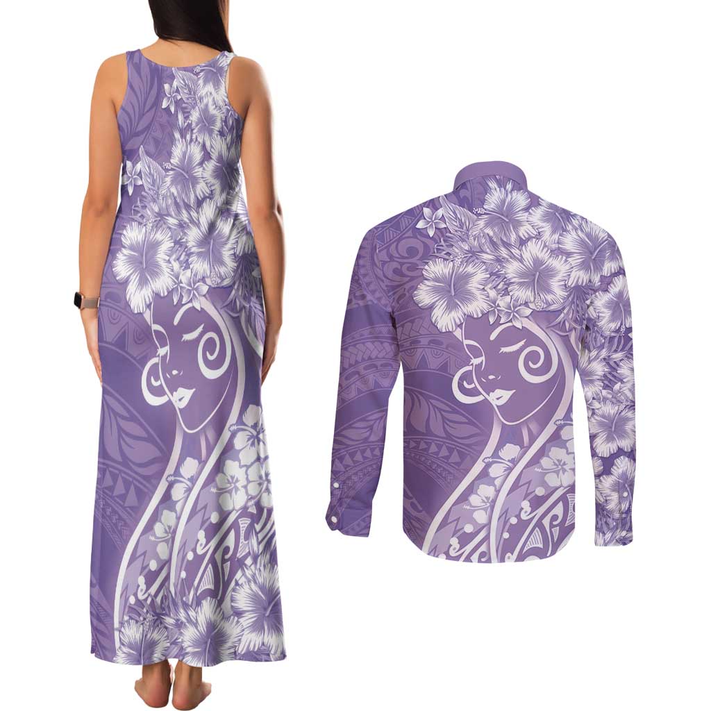 Polynesian Women's Day Couples Matching Tank Maxi Dress and Long Sleeve Button Shirt Purple Hibiscus Flowers With Polynesian Pattern LT05 - Polynesian Pride