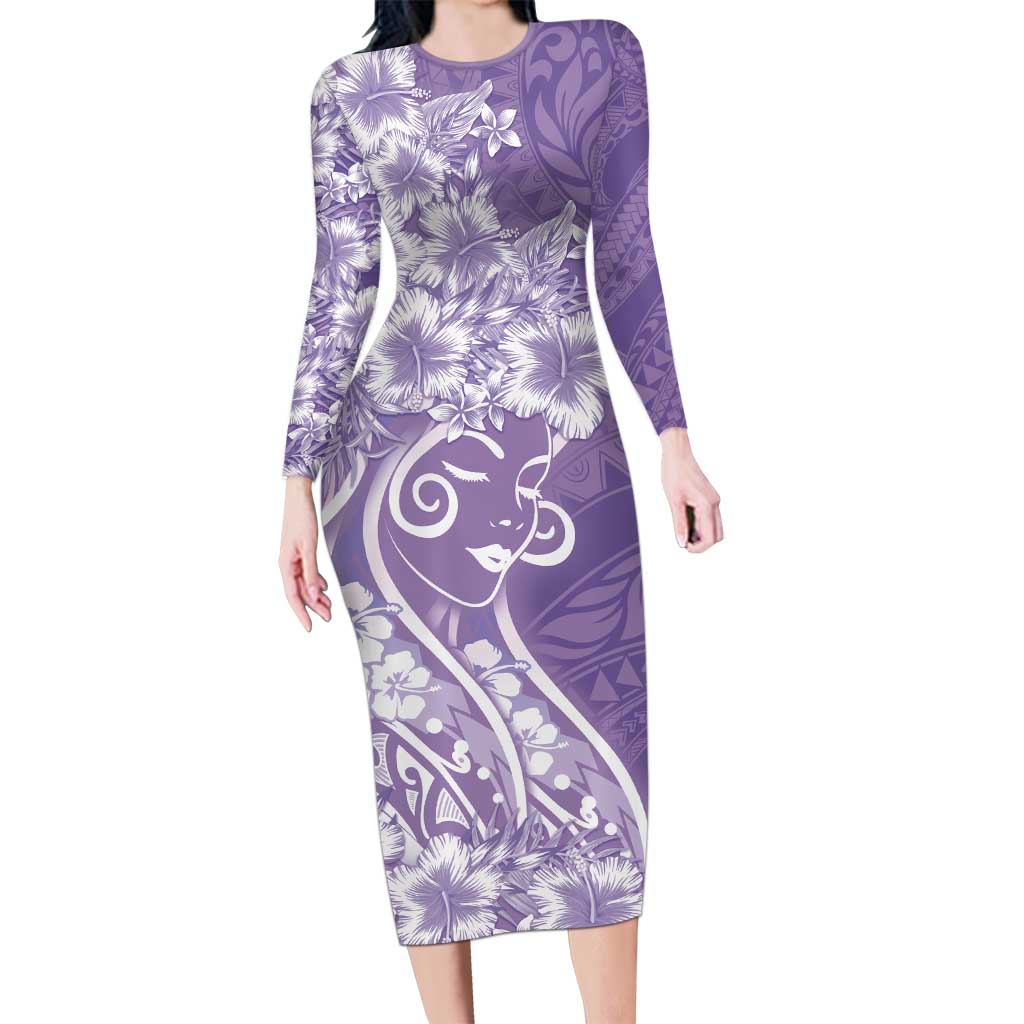 Polynesian Women's Day Family Matching Long Sleeve Bodycon Dress and Hawaiian Shirt Purple Hibiscus Flowers With Polynesian Pattern