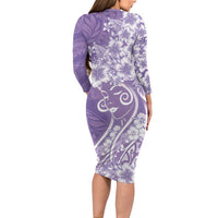 Polynesian Women's Day Family Matching Long Sleeve Bodycon Dress and Hawaiian Shirt Purple Hibiscus Flowers With Polynesian Pattern