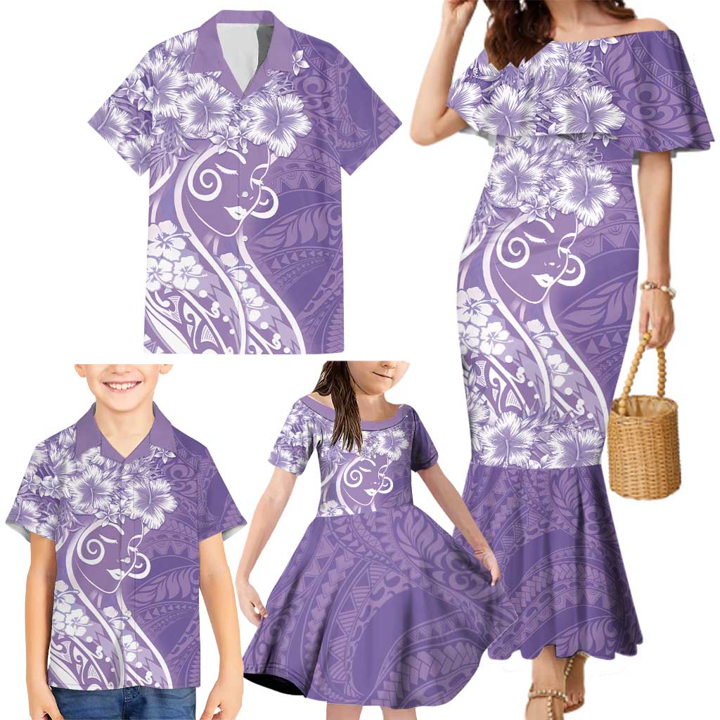 Polynesian Women's Day Family Matching Mermaid Dress and Hawaiian Shirt Purple Hibiscus Flowers With Polynesian Pattern