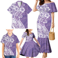 Polynesian Women's Day Family Matching Mermaid Dress and Hawaiian Shirt Purple Hibiscus Flowers With Polynesian Pattern