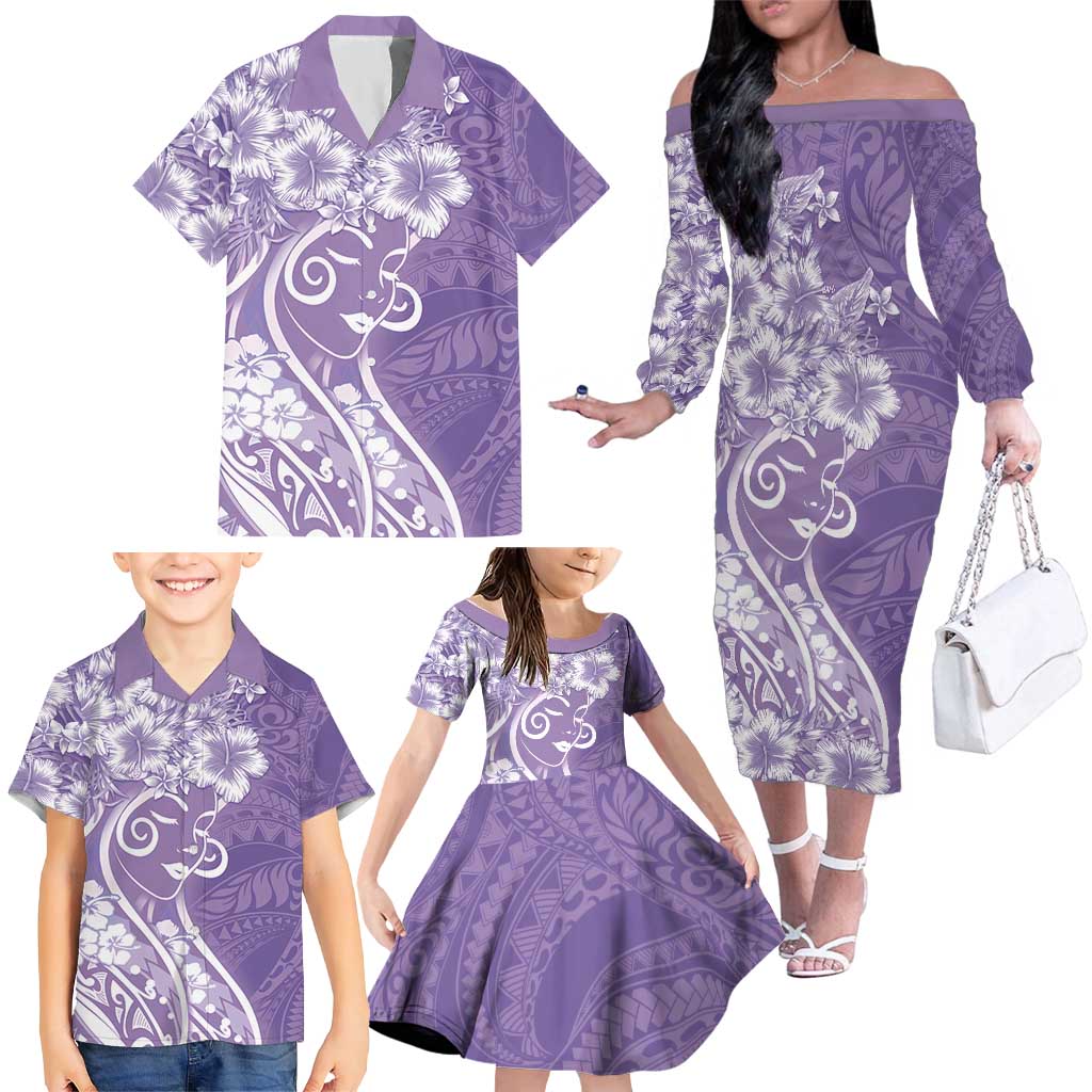 Polynesian Women's Day Family Matching Off The Shoulder Long Sleeve Dress and Hawaiian Shirt Purple Hibiscus Flowers With Polynesian Pattern
