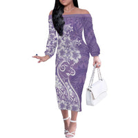 Polynesian Women's Day Family Matching Off The Shoulder Long Sleeve Dress and Hawaiian Shirt Purple Hibiscus Flowers With Polynesian Pattern