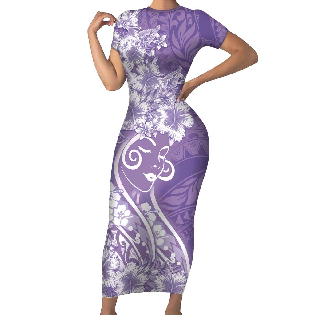 Polynesian Women's Day Family Matching Short Sleeve Bodycon Dress and Hawaiian Shirt Purple Hibiscus Flowers With Polynesian Pattern
