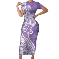 Polynesian Women's Day Family Matching Short Sleeve Bodycon Dress and Hawaiian Shirt Purple Hibiscus Flowers With Polynesian Pattern