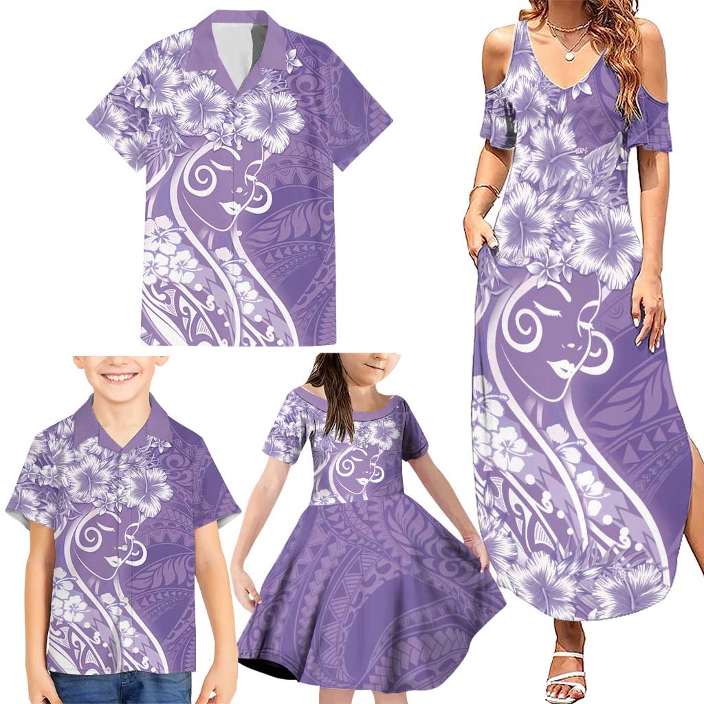 Polynesian Women's Day Family Matching Summer Maxi Dress and Hawaiian Shirt Purple Hibiscus Flowers With Polynesian Pattern