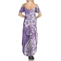 Polynesian Women's Day Family Matching Summer Maxi Dress and Hawaiian Shirt Purple Hibiscus Flowers With Polynesian Pattern