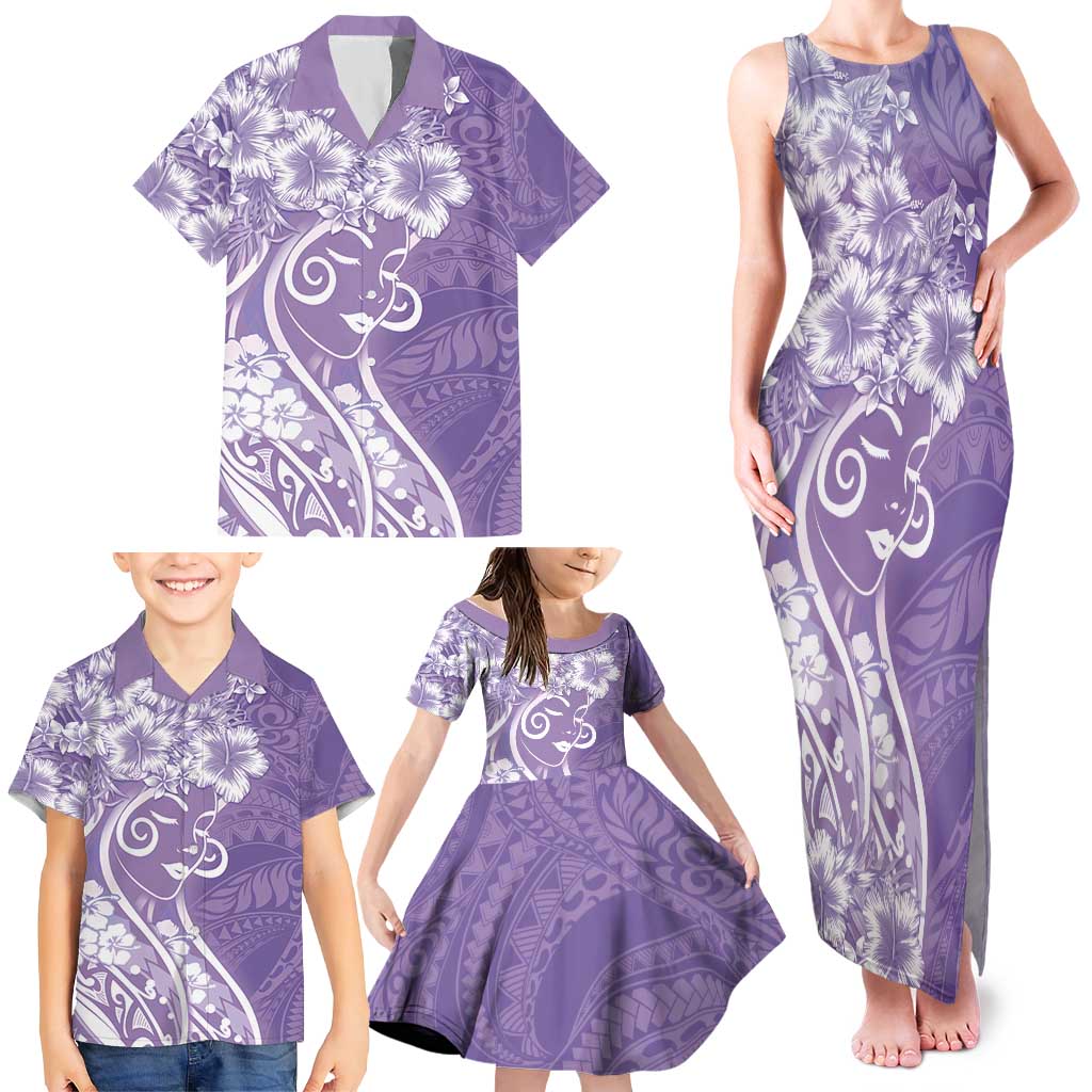 Polynesian Women's Day Family Matching Tank Maxi Dress and Hawaiian Shirt Purple Hibiscus Flowers With Polynesian Pattern