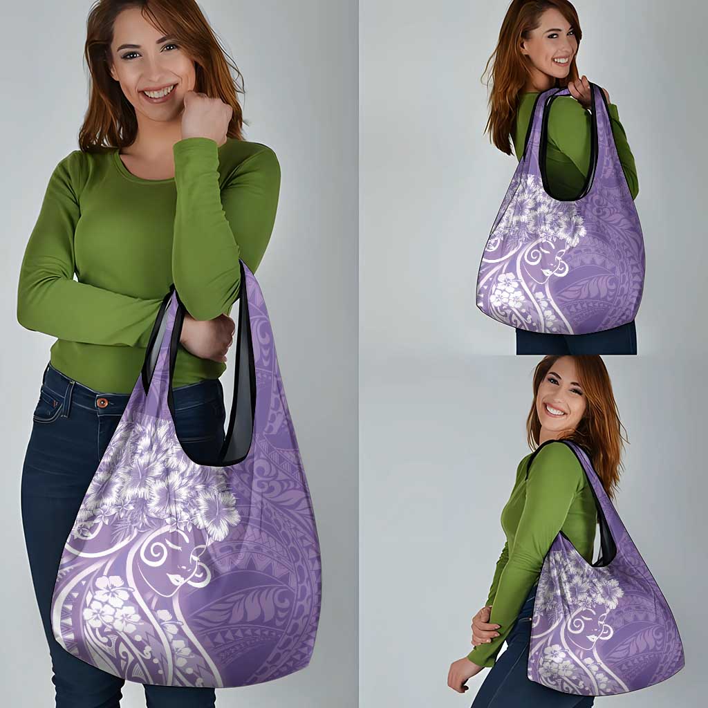 Polynesian Women's Day Grocery Bag Purple Hibiscus Flowers With Polynesian Pattern