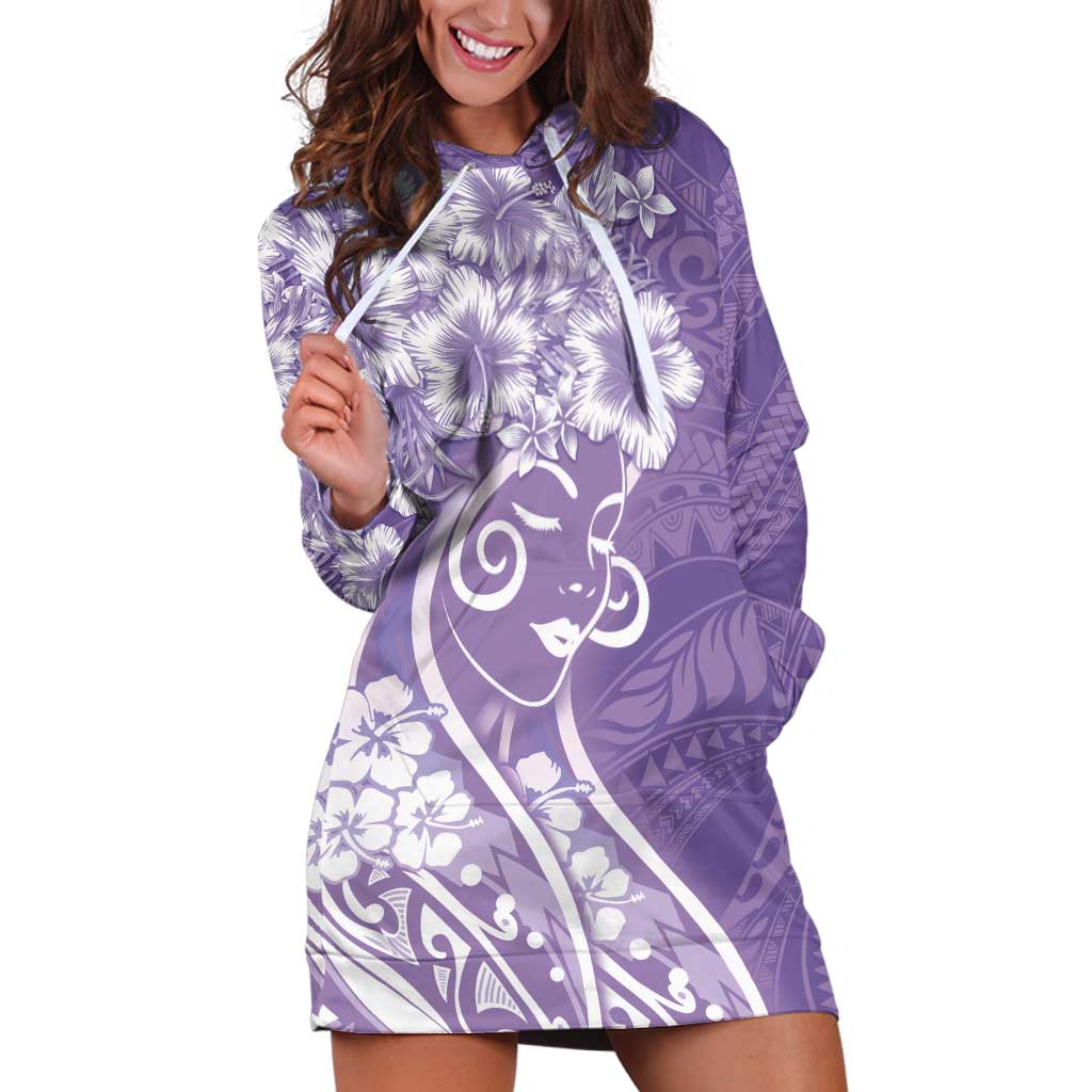 Polynesian Women's Day Hoodie Dress Purple Hibiscus Flowers With Polynesian Pattern