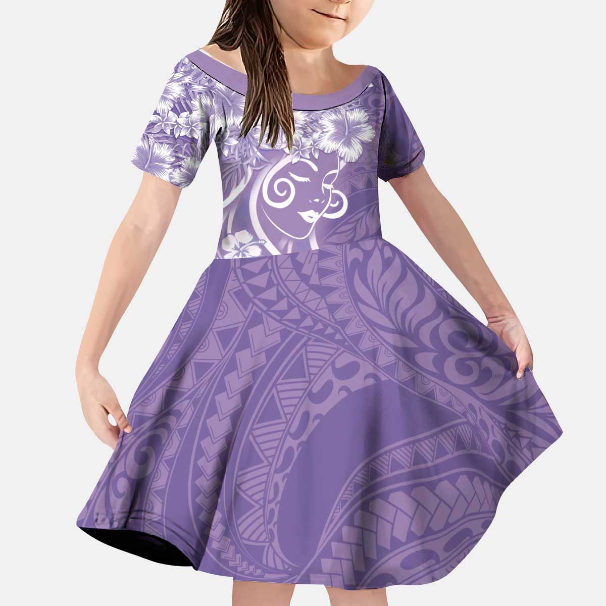 Polynesian Women's Day Kid Short Sleeve Dress Purple Hibiscus Flowers With Polynesian Pattern