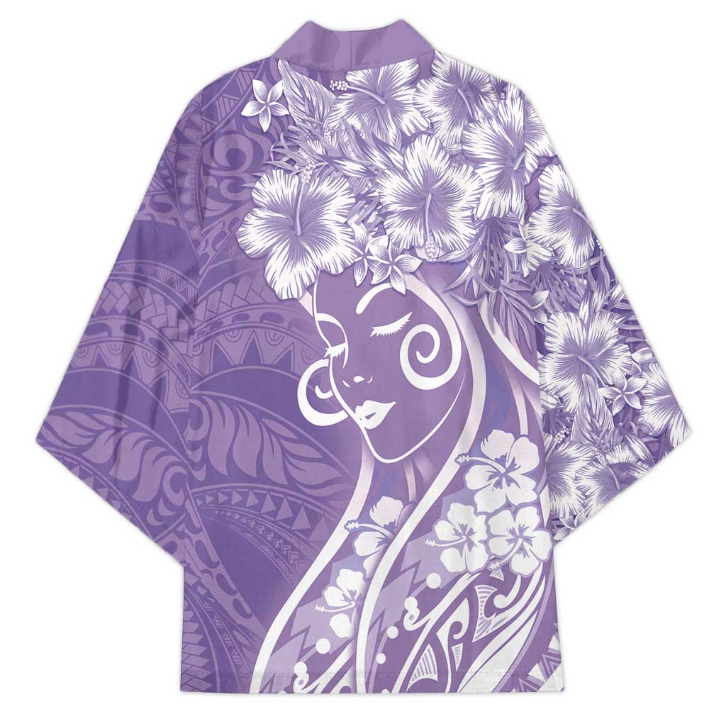 Polynesian Women's Day Kimono Purple Hibiscus Flowers With Polynesian Pattern